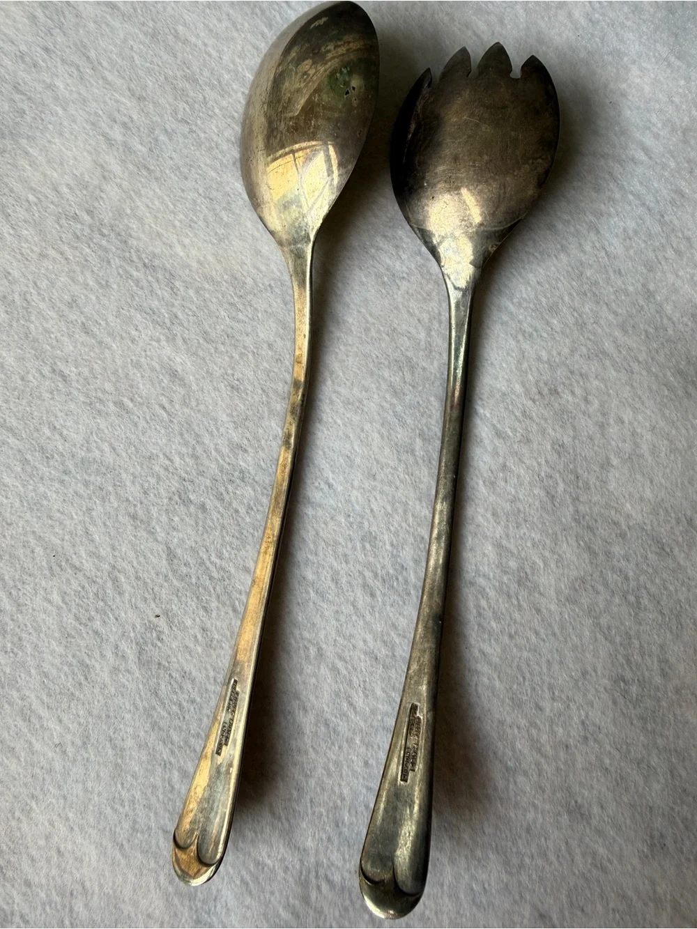 Sheffield England Silver Plated Salad Serving Spoon Fork Set Vintage Patina 9 In